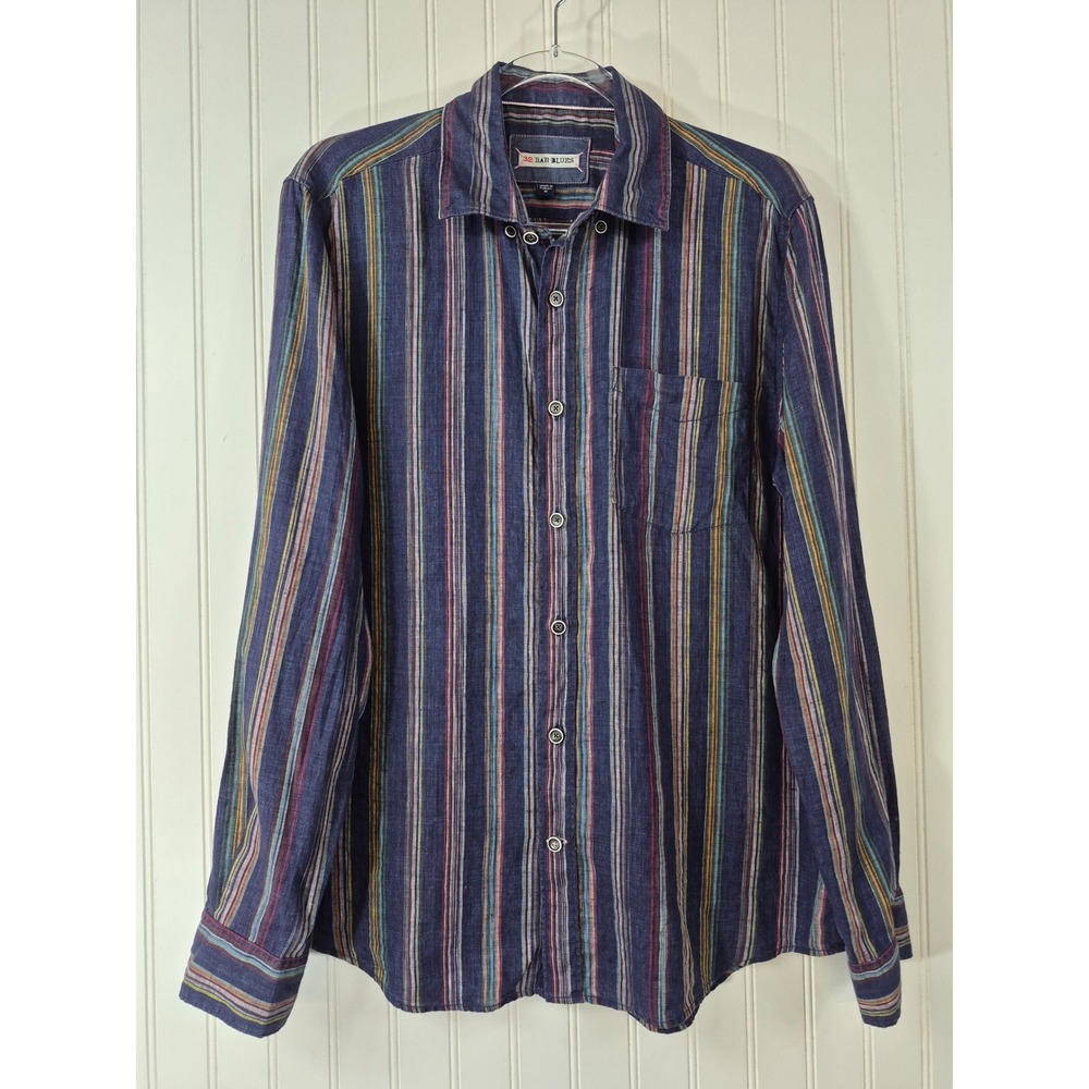 32 Bar Blues 100% Linen Multicolor Vertical Stripe Long Sleeve Button Down Shirt